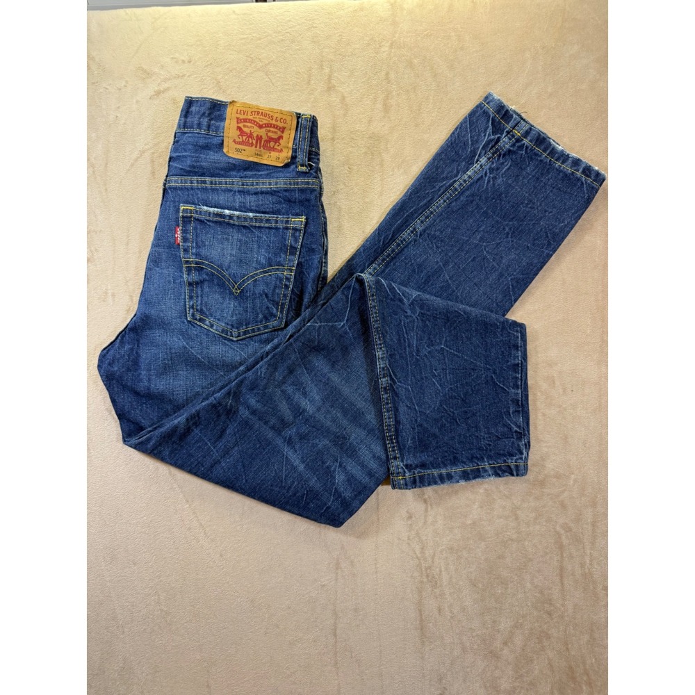 Levis 502 Regular Taper Jeans Blue Distressed Denim Boys Size 14 27x29